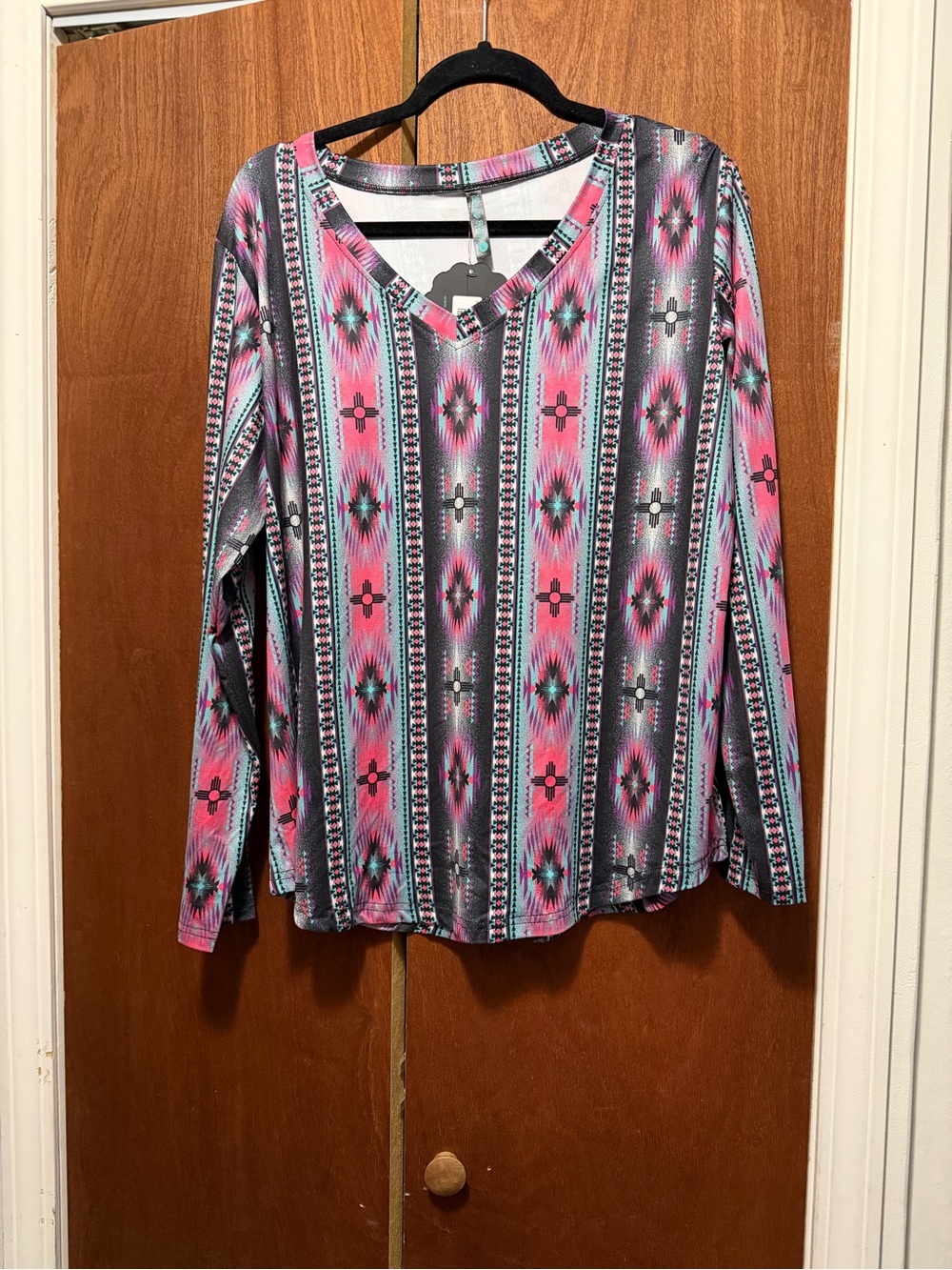 V-Neck Long Sleeve Tee in Pink Aztec Stripe
